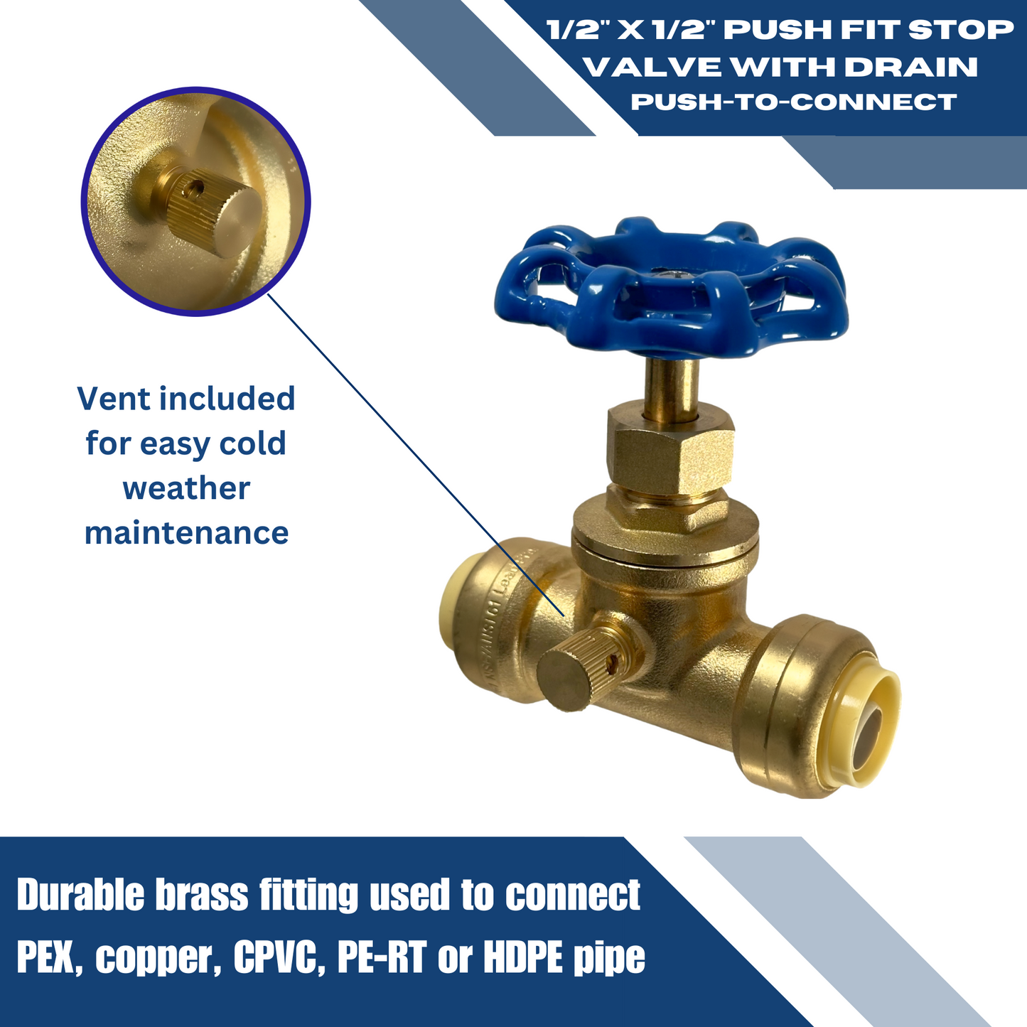 Push Fit Stop Valve with Drain Measuring 3/4" Push Fit Stop Valve with Drain Specifically Push Fit Valve