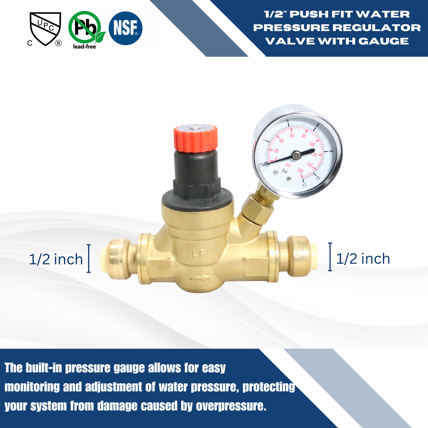 1/2 Inch Push Fit Water Pressure Regulator Valve with Gauge Measuring 1/2" Push Fit Specifically Push Fit Valve, Push Fit RegulatorPush Fit Coupling