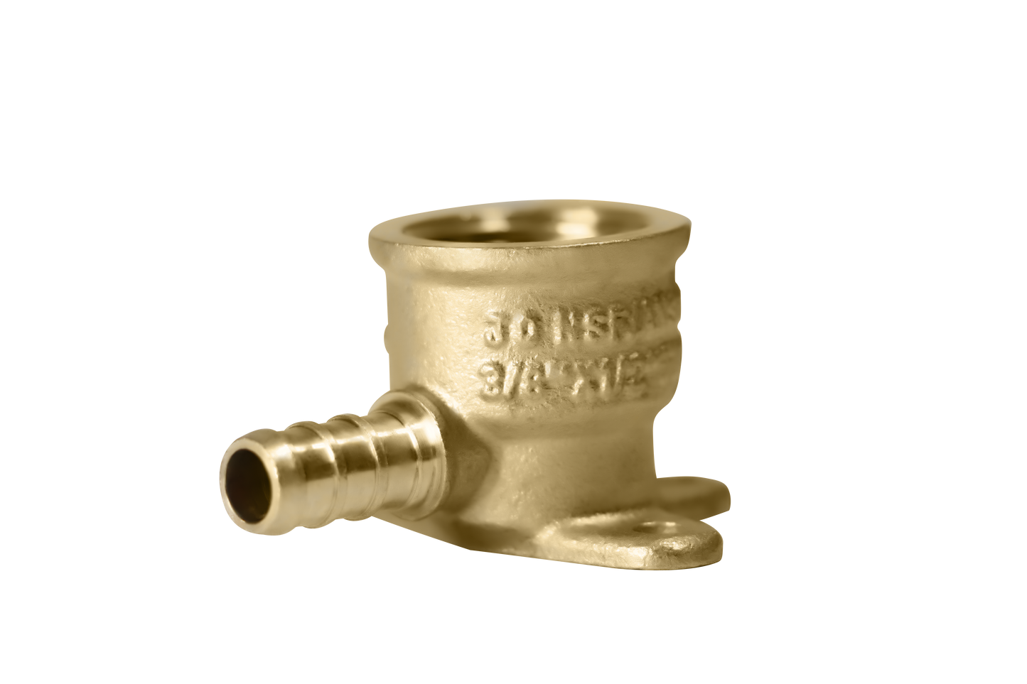 Pex Barb Crimp x Female NPT Reducing Elbow Drop Ear Measuring 3/8 inch Pex B x 1/2 inch FNPT Elbow Drop Ear Specifically Pex Barb Crimp FNPT Elbow Drop Ear