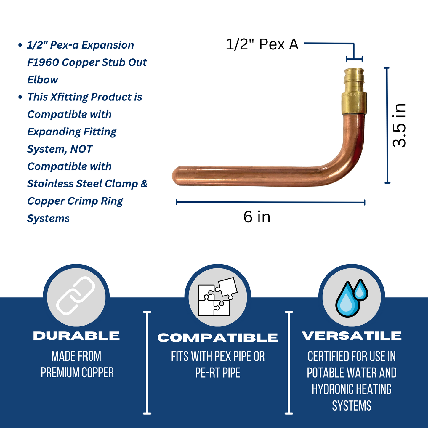 Pex Expansion Copper Stub Out Measuring 1/2 inch Pex A Stub Out Elbow with Flange | 3-1/2" x 6" Specifically Pex Expansion Stub Out