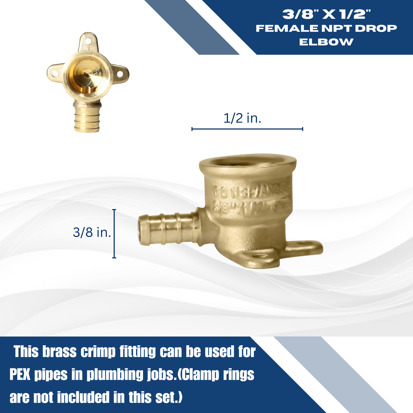 Pex Barb Crimp x Female NPT Reducing Elbow Drop Ear Measuring 3/8 inch Pex B x 1/2 inch FNPT Elbow Drop Ear Specifically Pex Barb Crimp FNPT Elbow Drop Ear