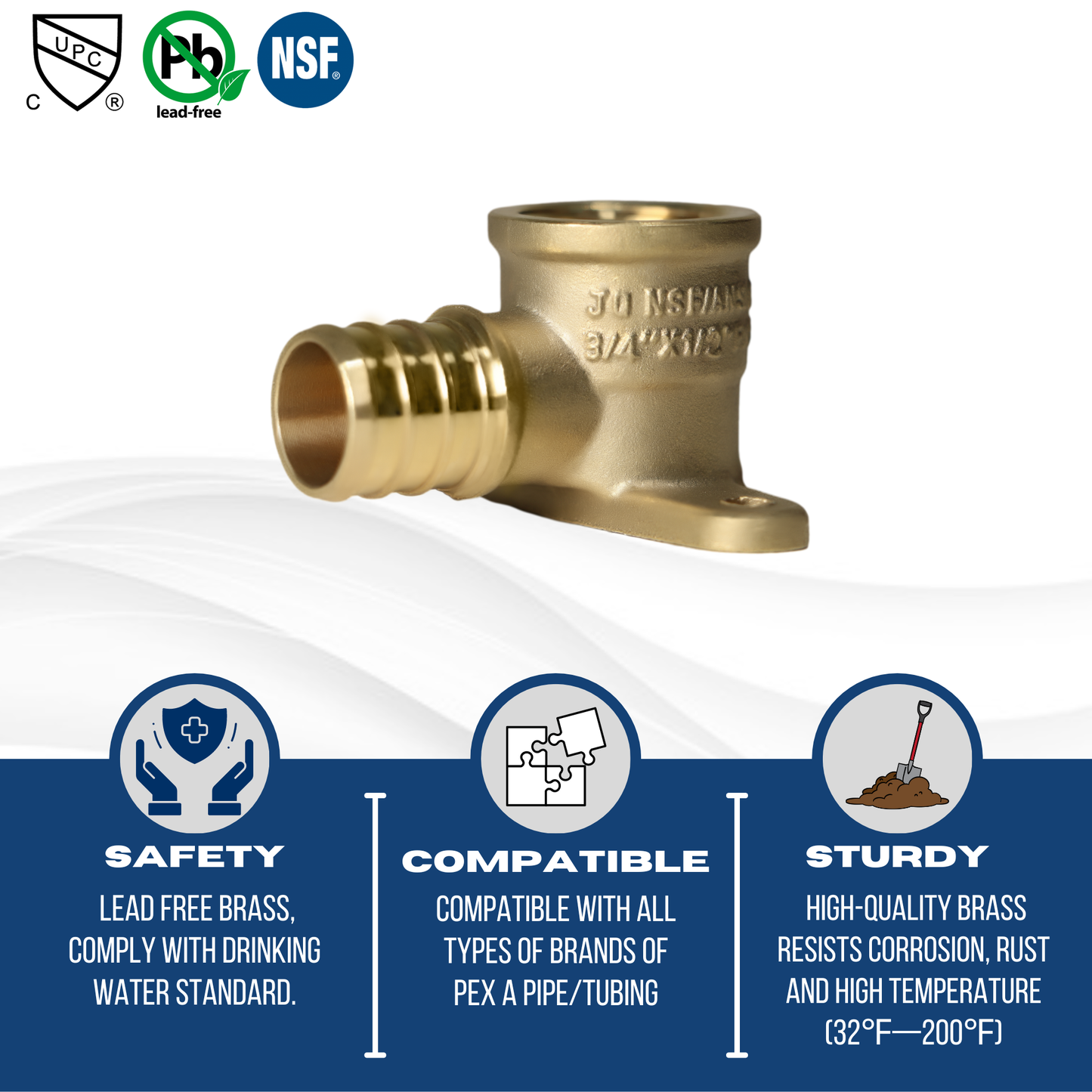 Pex Barb Crimp x Female NPT Reducing Elbow Drop Ear Measuring 3/4 inch Pex B x 1/2 inch FNPT Elbow Drop Ear Specifically Pex Barb Crimp FNPT Elbow Drop Ear