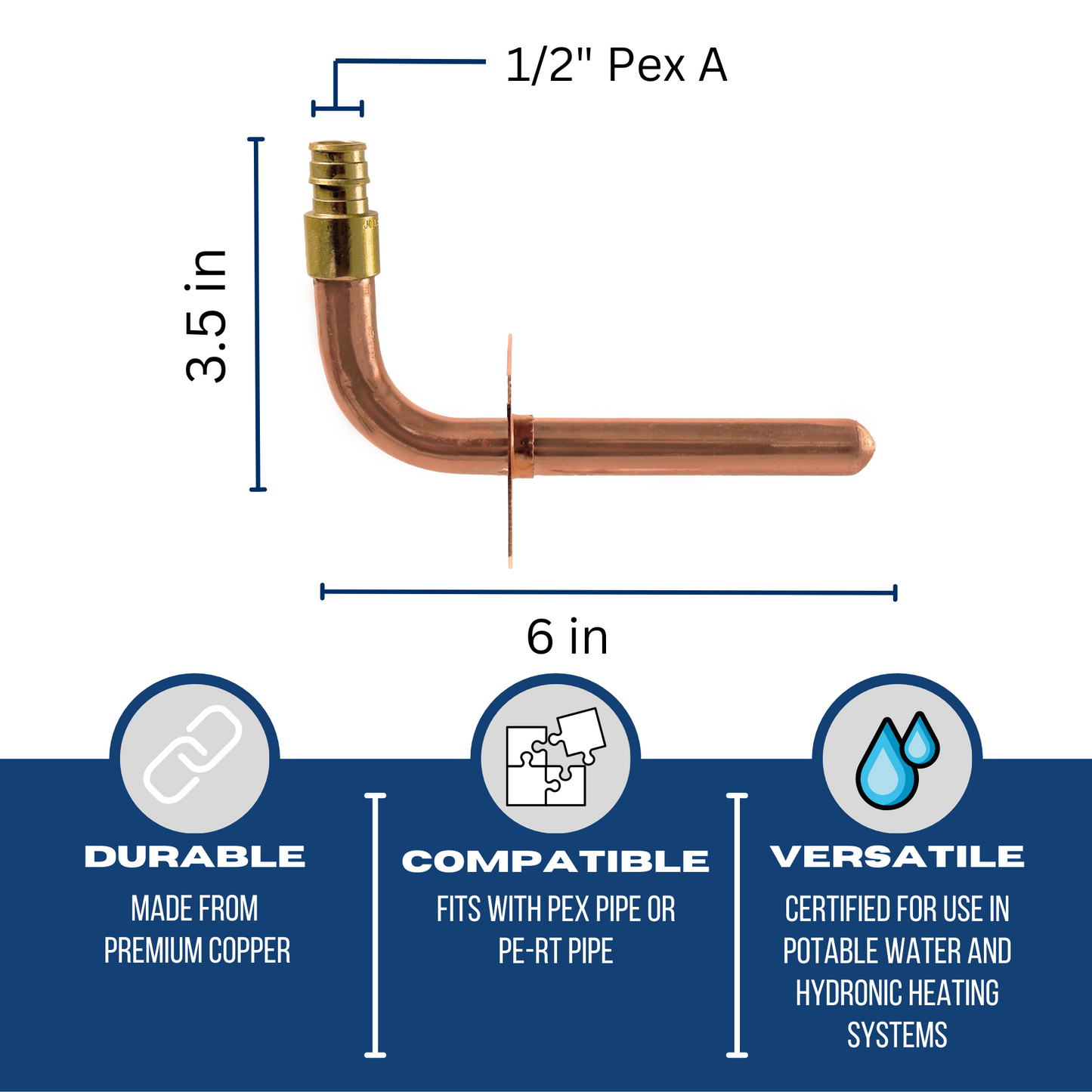 Pex Expansion Copper Stub Out Measuring 1/2 inch Pex A Stub Out Elbow with Flange | 3-1/2" x 6" Specifically Pex Expansion Stub Out