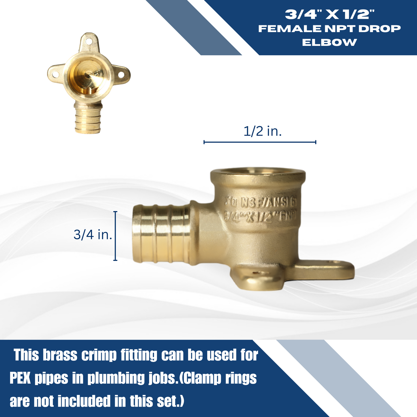 Pex Barb Crimp x Female NPT Reducing Elbow Drop Ear Measuring 3/8 inch Pex B x 1/2 inch FNPT Elbow Drop Ear Specifically Pex Barb Crimp FNPT Elbow Drop Ear