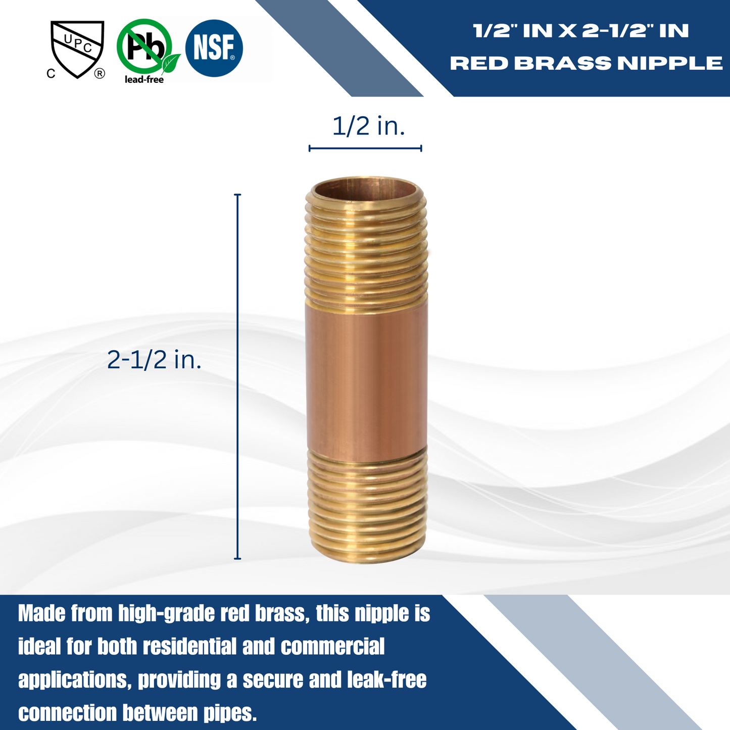 Red Brass Nipple | 1/2 in x 2-1/2 in 1 Pc Premium Washing Machine Outlet Box with Center Drain 1/2 Inch MIP / Sweat x 3/4 inch MHT Measuring 1/2" x 2-1/2" Specifically Red Brass Nipplewashing machine outlet