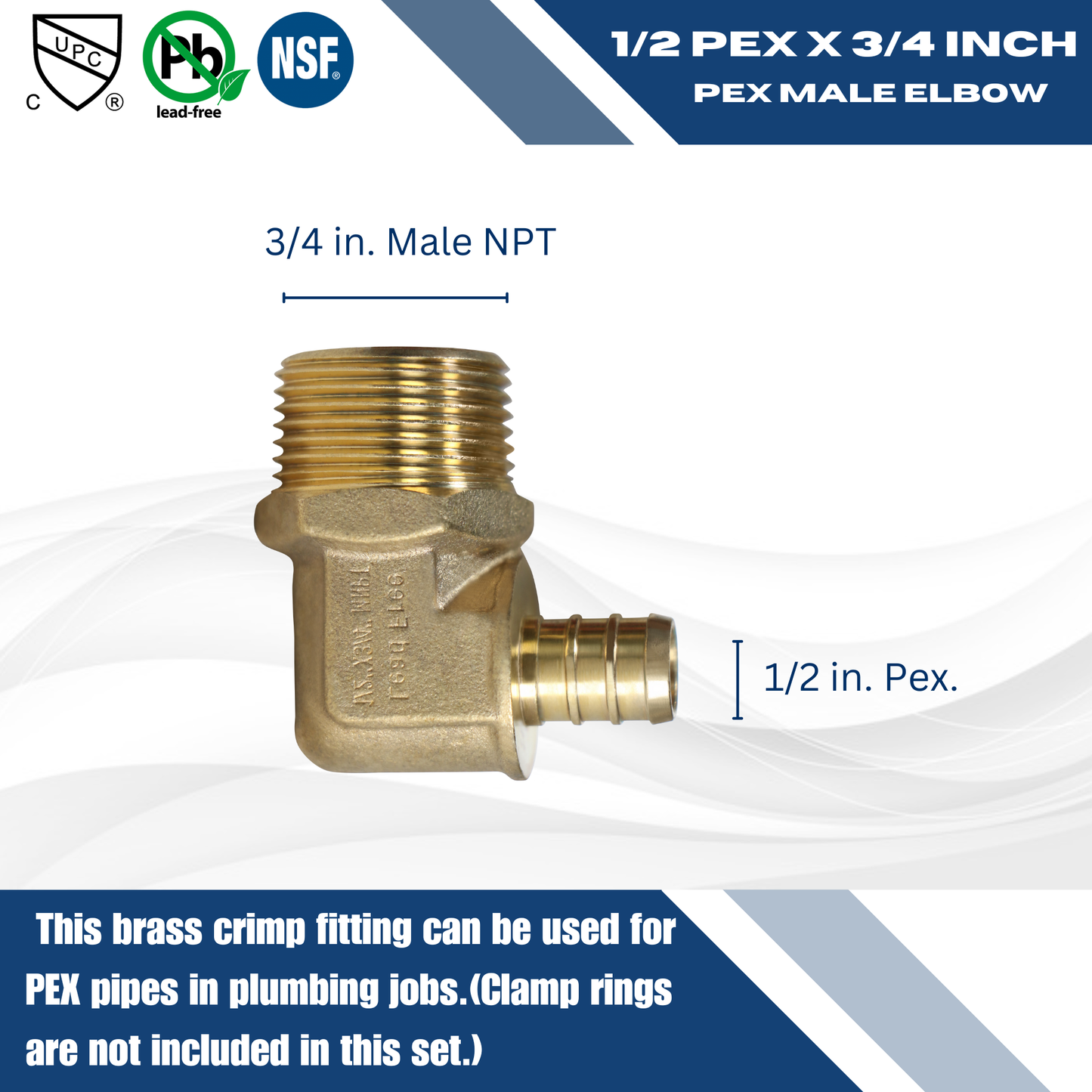 Pex Barb Crimp x Male NPT Reducing Elbow Measuring 1/2 inch Pex B x 3/4 inch MNPT Elbow Specifically Pex Barb Crimp MNPT Elbow