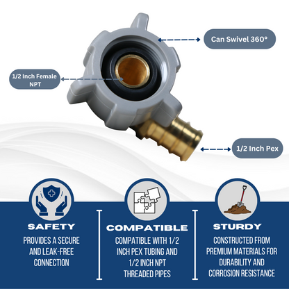 Pex x FNPT Elbow Swivel Adapter Measuring 1/2 Inch Pex x 1/2 Inch FNPT Swivel Elbow Specifically Pex Barb Crimp FNPT