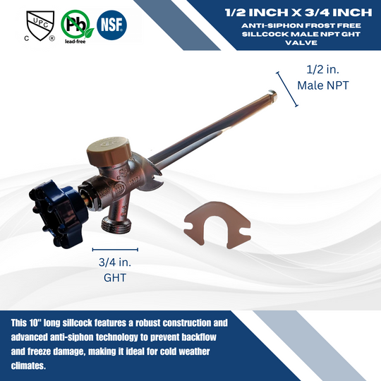 1/2 Inch Male NPT x 3/4 Inch GHT Valves Anti-Siphon Frost Free Sillcock 10 Inch Long