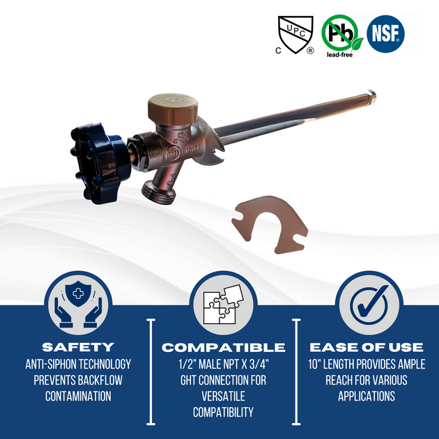 1/2 Inch Male NPT x 3/4 Inch GHT Valves Anti-Siphon Frost Free Sillcock 10 Inch Long