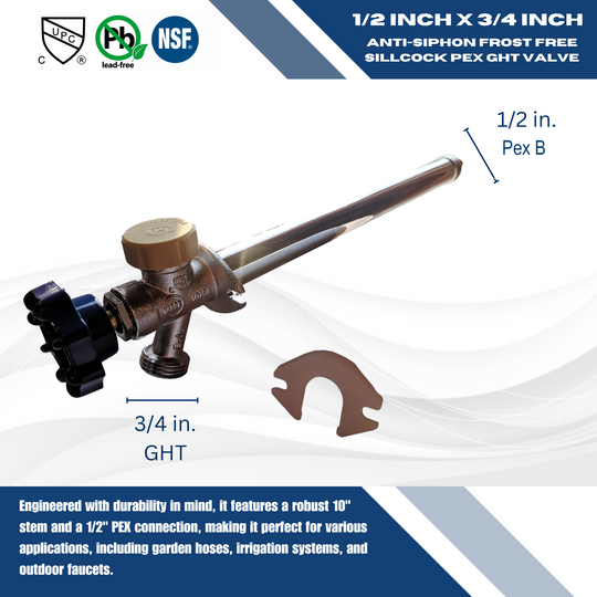 Anti-Siphon Frost Free Sillcock 10 Inch Long, 1/2 Inch PEX-B Barb x 3/4 Inch GHT Valves