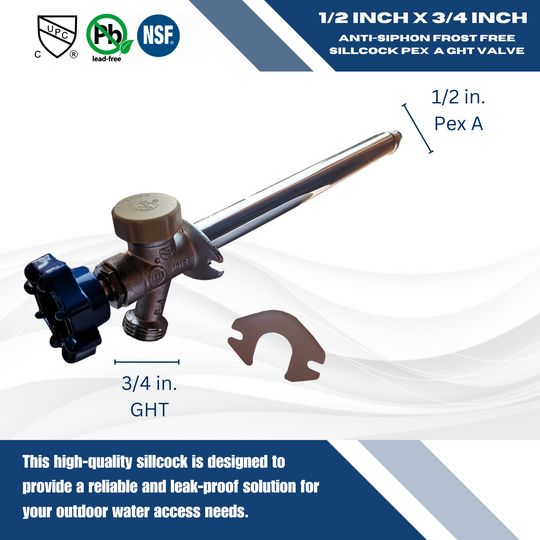 1/2 Inch Pex-A Expansion x 3/4 Inch GHT Valves Anti-Siphon Frost Free Sillcock 10 Inch Long