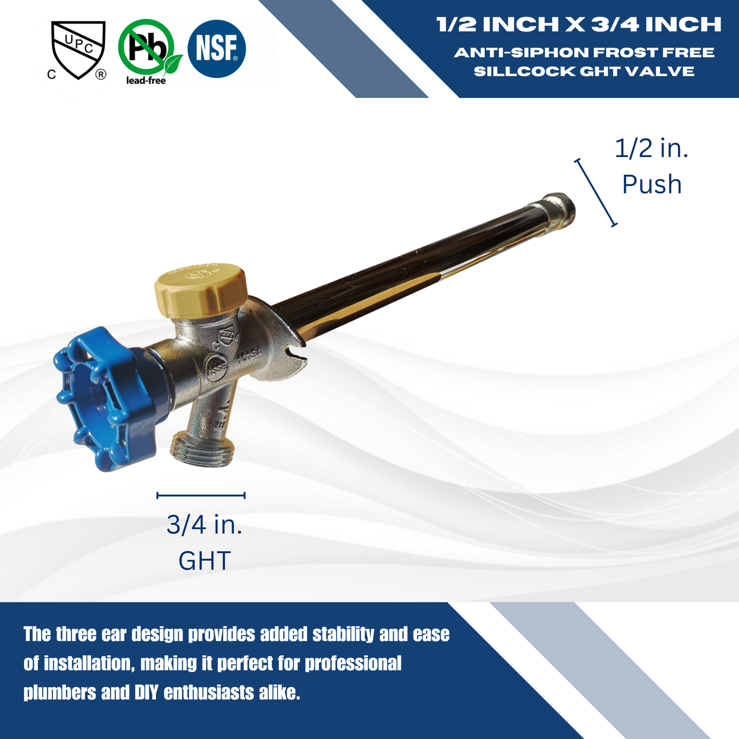 1/2 Inch Push-to-Connect x 3/4 Inch GHT Valves Anti-Siphon Frost Free Sillcock 10 Inch Long,
