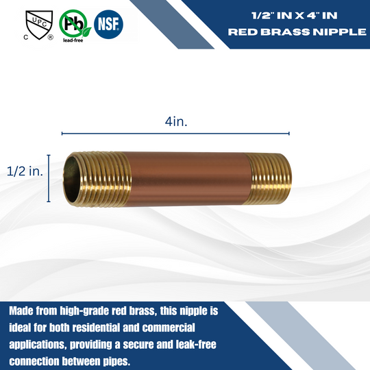 1/2 in x 4 in Red Brass Nipple