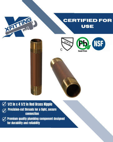 1/2 in x 4-1/2 in Red Brass Nipple