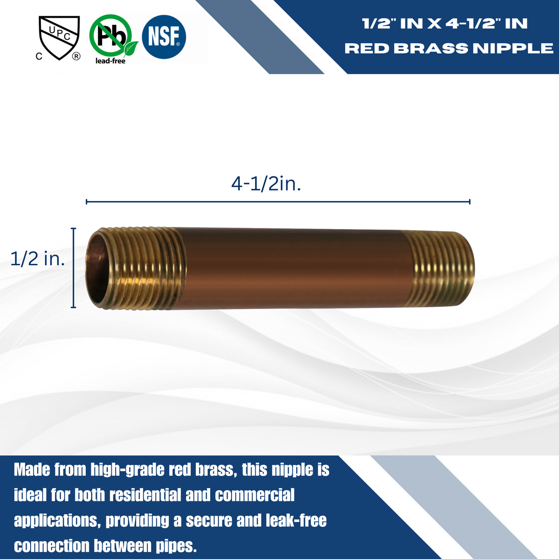 1/2 in x 4-1/2 in Red Brass Nipple