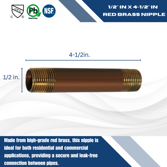 1/2 in x 4-1/2 in Red Brass Nipple