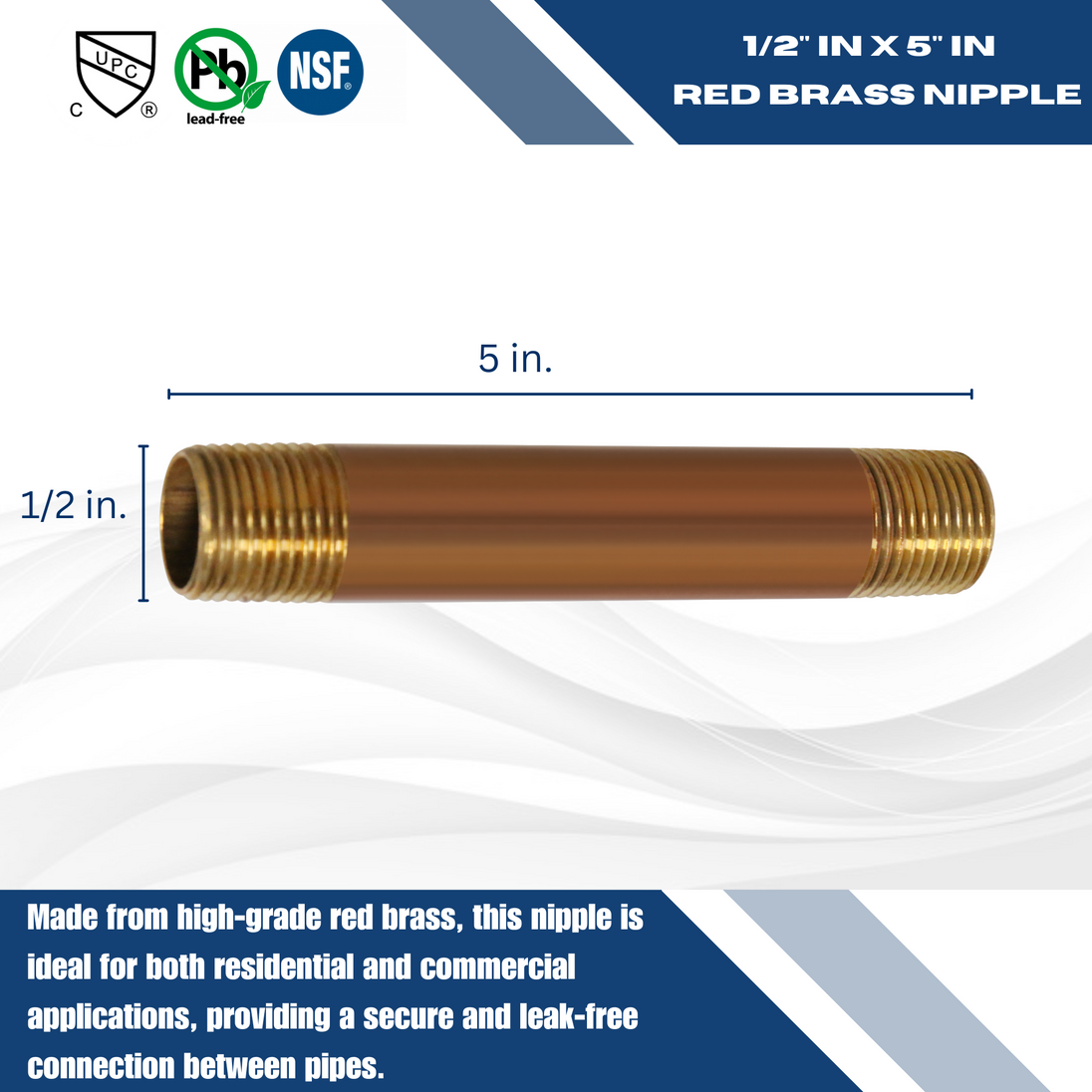 1/2 in x 5 in Red Brass Nipple