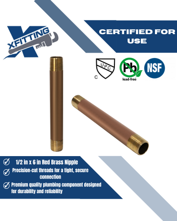 1/2 in x 6 in Red Brass Nipple