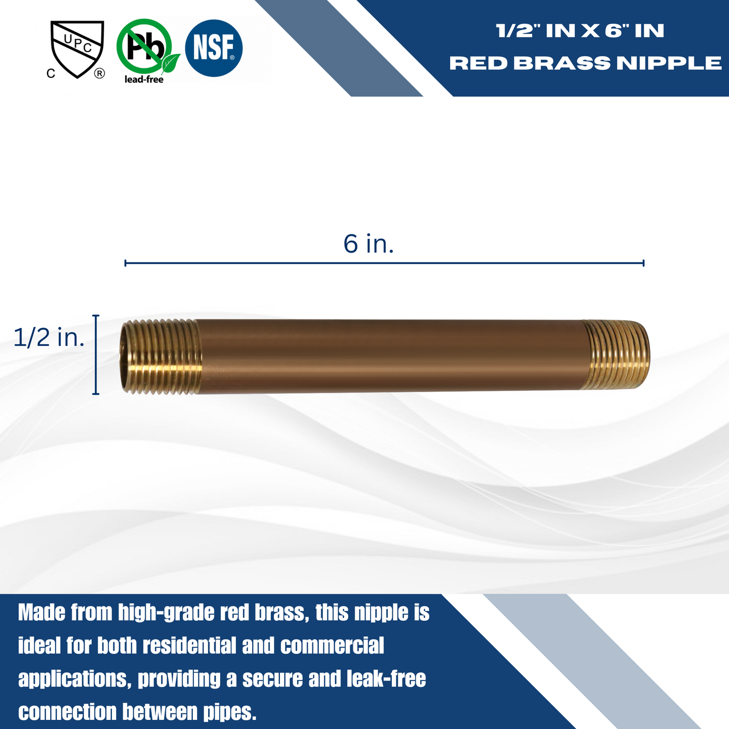 1/2 in x 6 in Red Brass Nipple