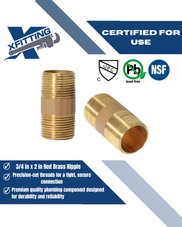 3/4 in x 2 in Red Brass Nipple