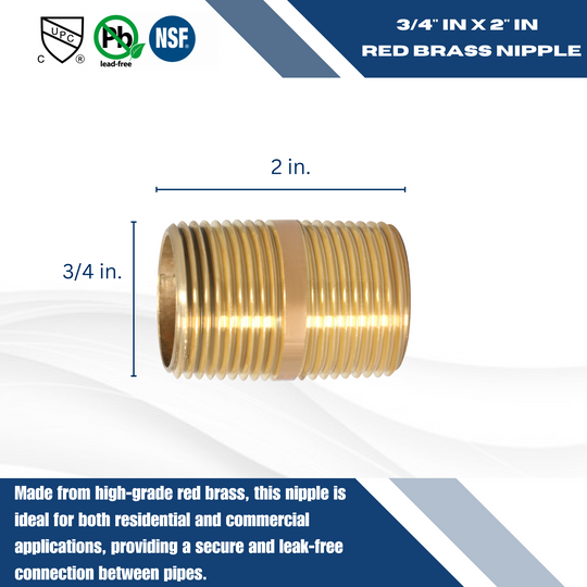 3/4 in x 2 in Red Brass Nipple