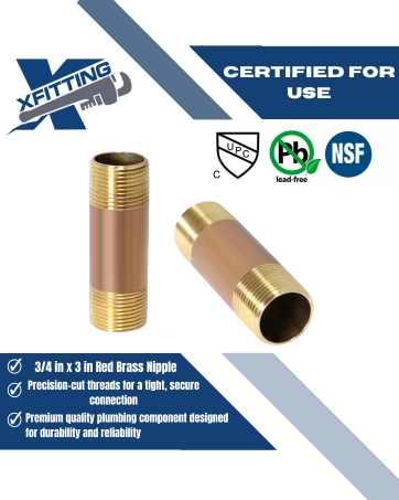 3/4 in x 3 in Red Brass Nipple