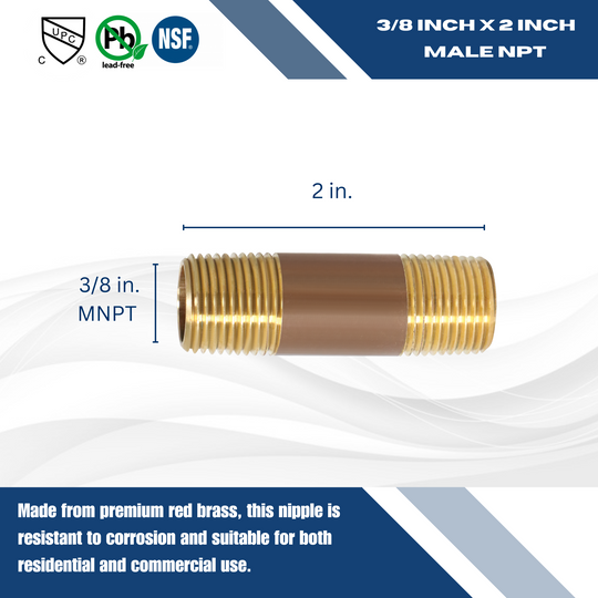 3/8 Inch X 2 Inch LENGTH RED BRASS NIPPLE