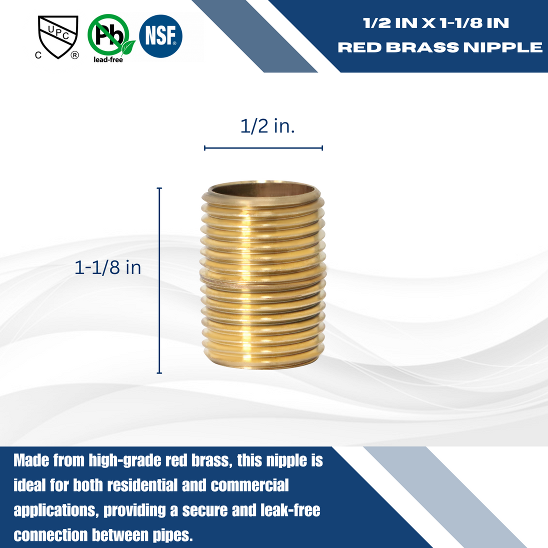 1/2 in x 1-1/8 in Red Brass Nipple