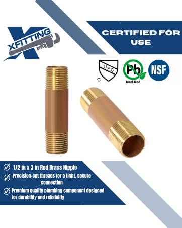 1/2 in x 3 in Red Brass Nipple