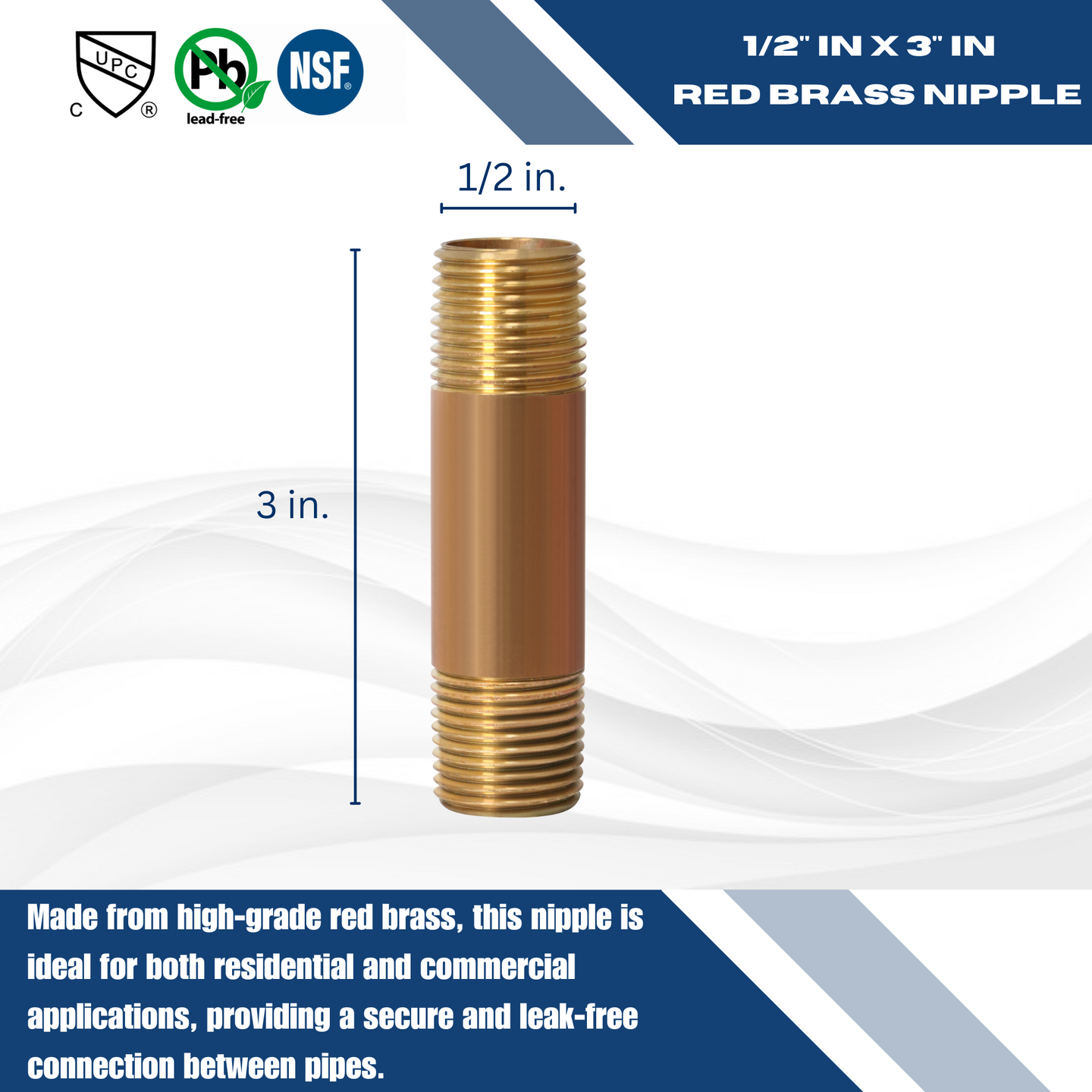 1/2 in x 3 in Red Brass Nipple