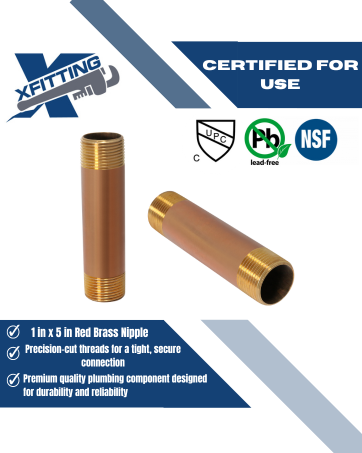 1 in x 5 in Red Brass Nipple