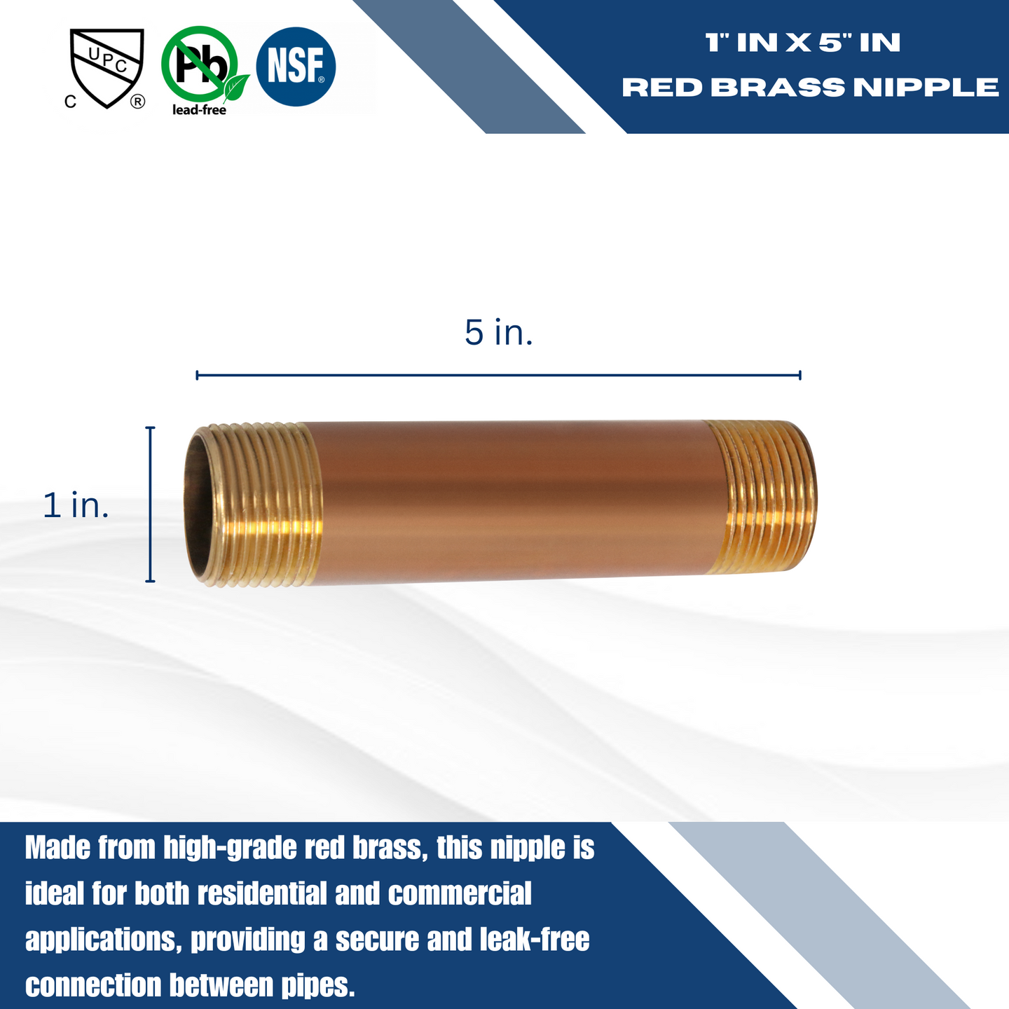 1 in x 5 in Red Brass Nipple