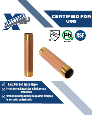 1 in x 6 in Red Brass Nipple