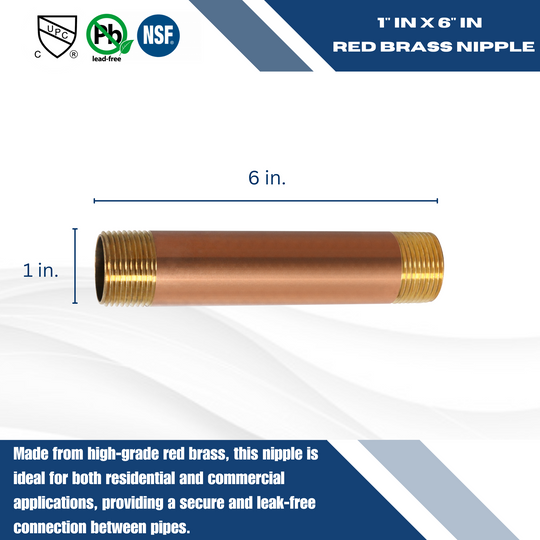 1 in x 6 in Red Brass Nipple