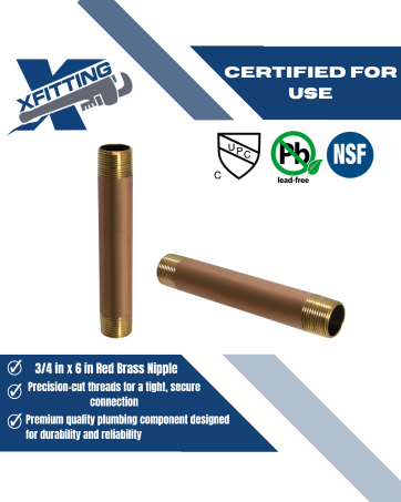 3/4 in x 6 in Red Brass Nipple