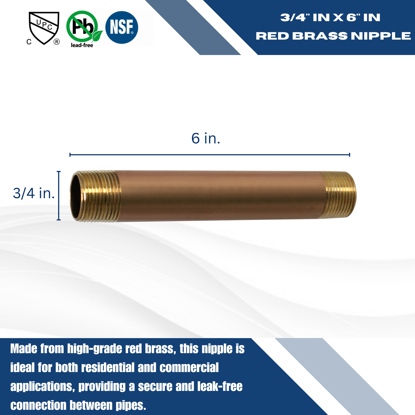 3/4 in x 6 in Red Brass Nipple