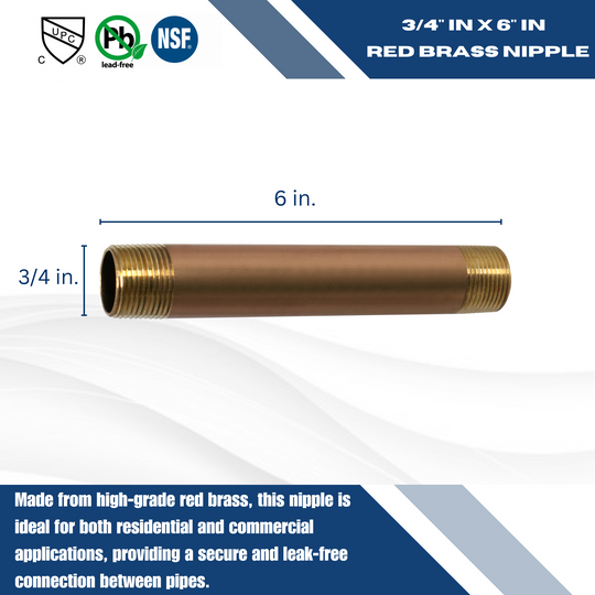 3/4 in x 6 in Red Brass Nipple