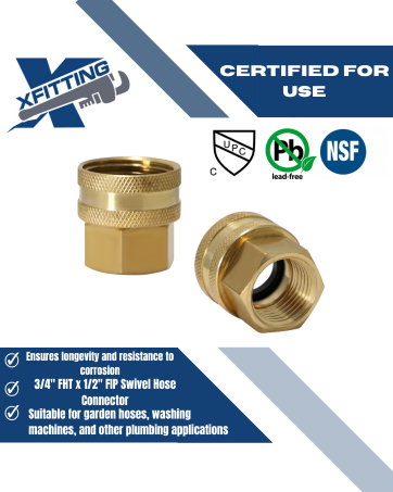 3/4 Inch FHT x 1/2 Inch FIP Swivel Hose Connector