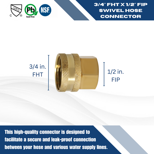 3/4 Inch FHT x 1/2 Inch FIP Swivel Hose Connector