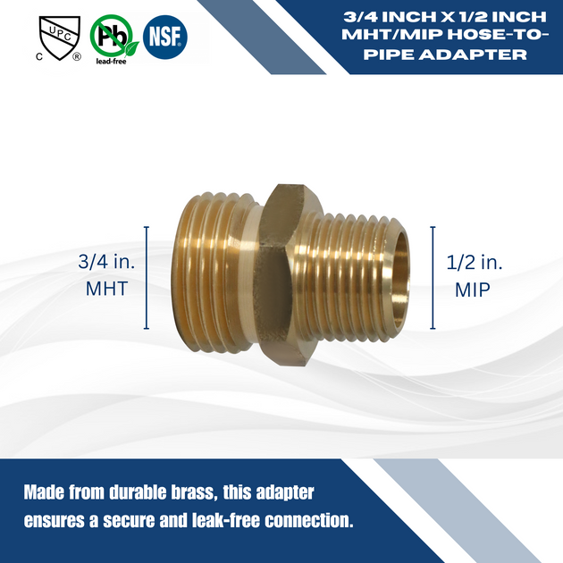 3/4 Inch MHT x 1/2 Inch MIP Hose-to-Pipe Adapter