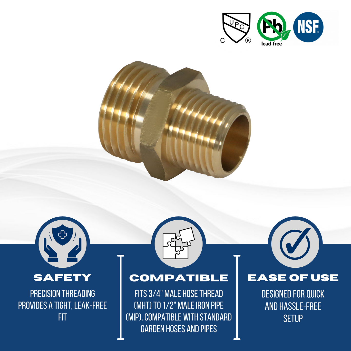 3/4 Inch MHT x 1/2 Inch MIP Hose-to-Pipe Adapter