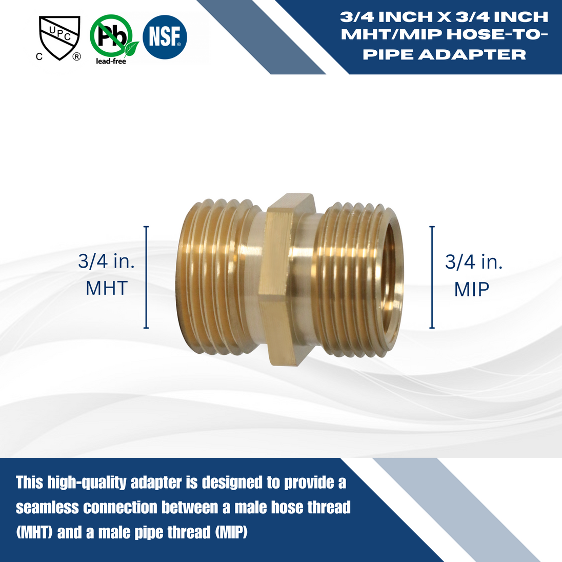 3/4 Inch MHT x 3/4 Inch MIP Hose-to-Pipe Adapter