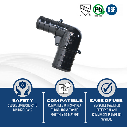 3/4 Inch X 1/2 Inch PEX-B Barb Crimp Poly Alloy Elbow