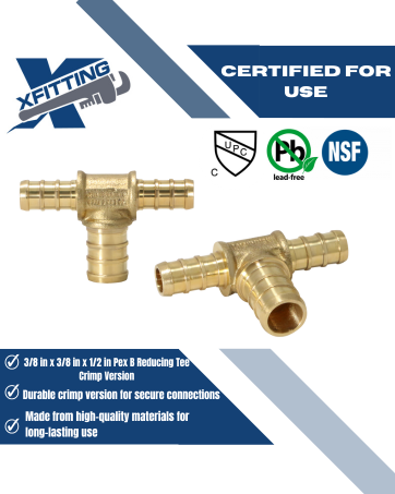 3/8 Inch x 3/8 Inch x 1/2 Inch PEX-B Barb Crimp Reducing Tee