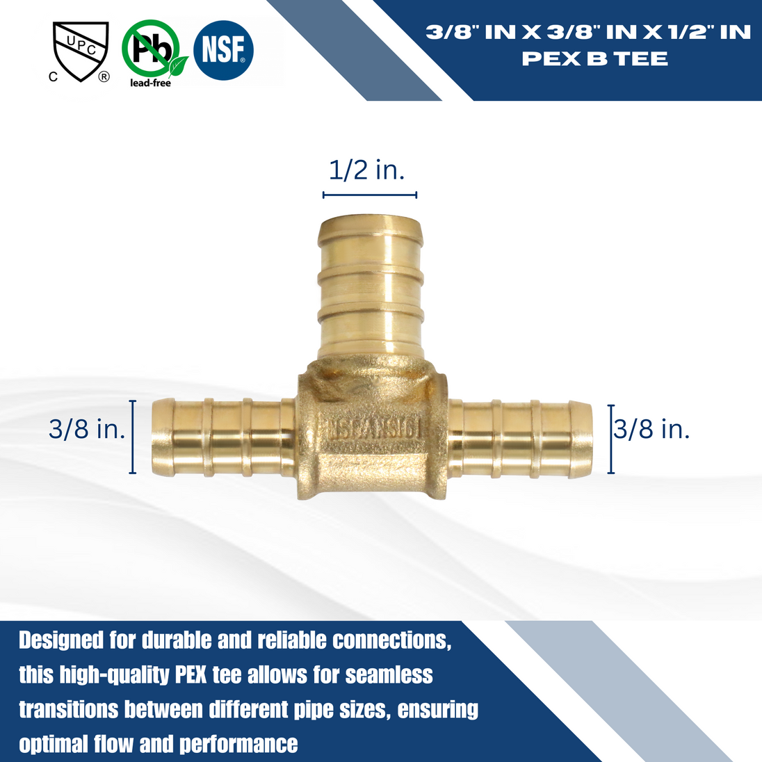 3/8 Inch x 3/8 Inch x 1/2 Inch PEX-B Barb Crimp Reducing Tee