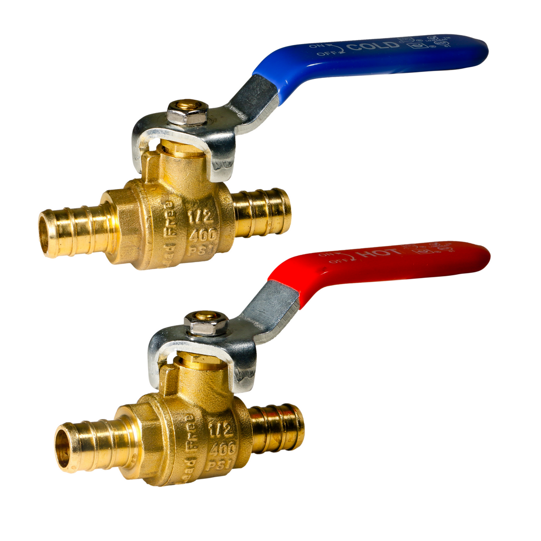 1/2 Inch PEX-B Barb Crimp Ball Valve Hot (Red) and Cold (Blue)