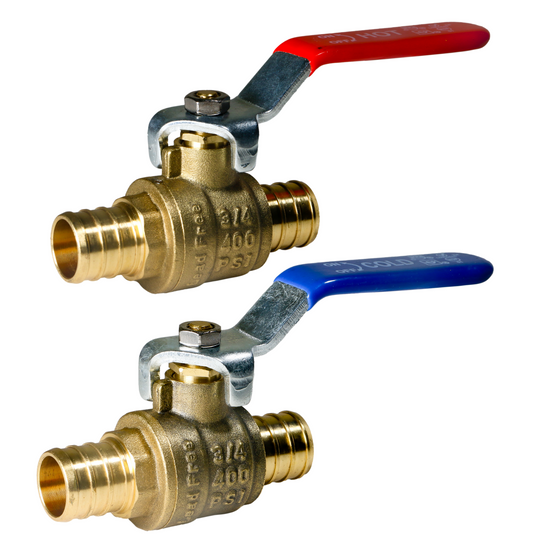3/4 Inch PEX-B Barb Crimp Ball Valve Hot (Red) and Cold (Blue)