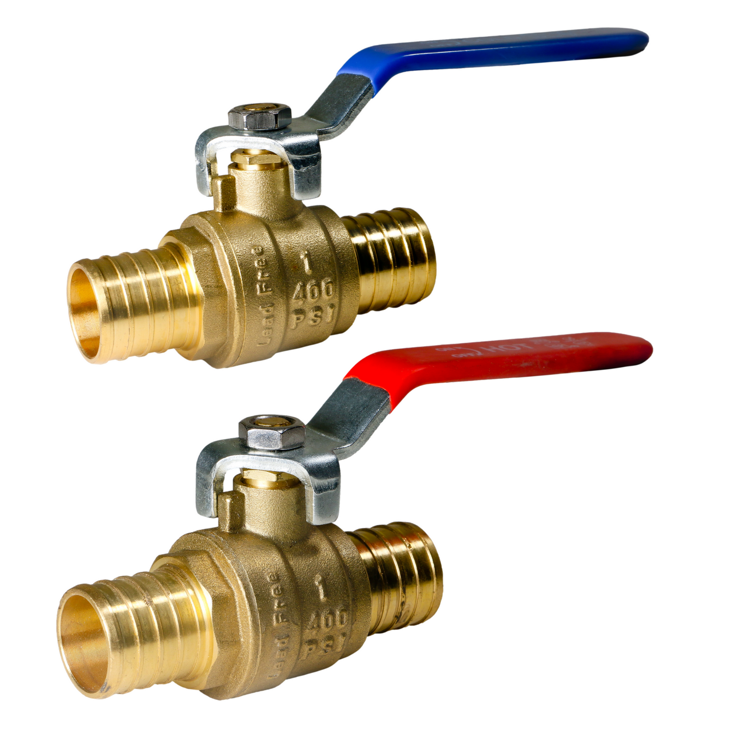 1 Inch PEX-B Barb Crimp Ball Valve Hot (Red) and Cold (Blue)