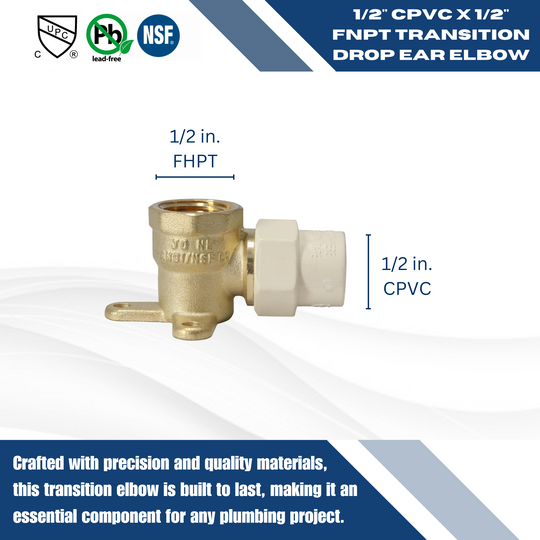 1/2 Inch CPVC X 1/2 Inch FNPT Transition Drop Ear Elbow
