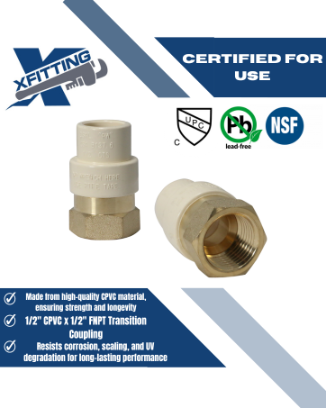 1/2 Inch CPVC x 1/2 Inch FNPT Transition Coupling